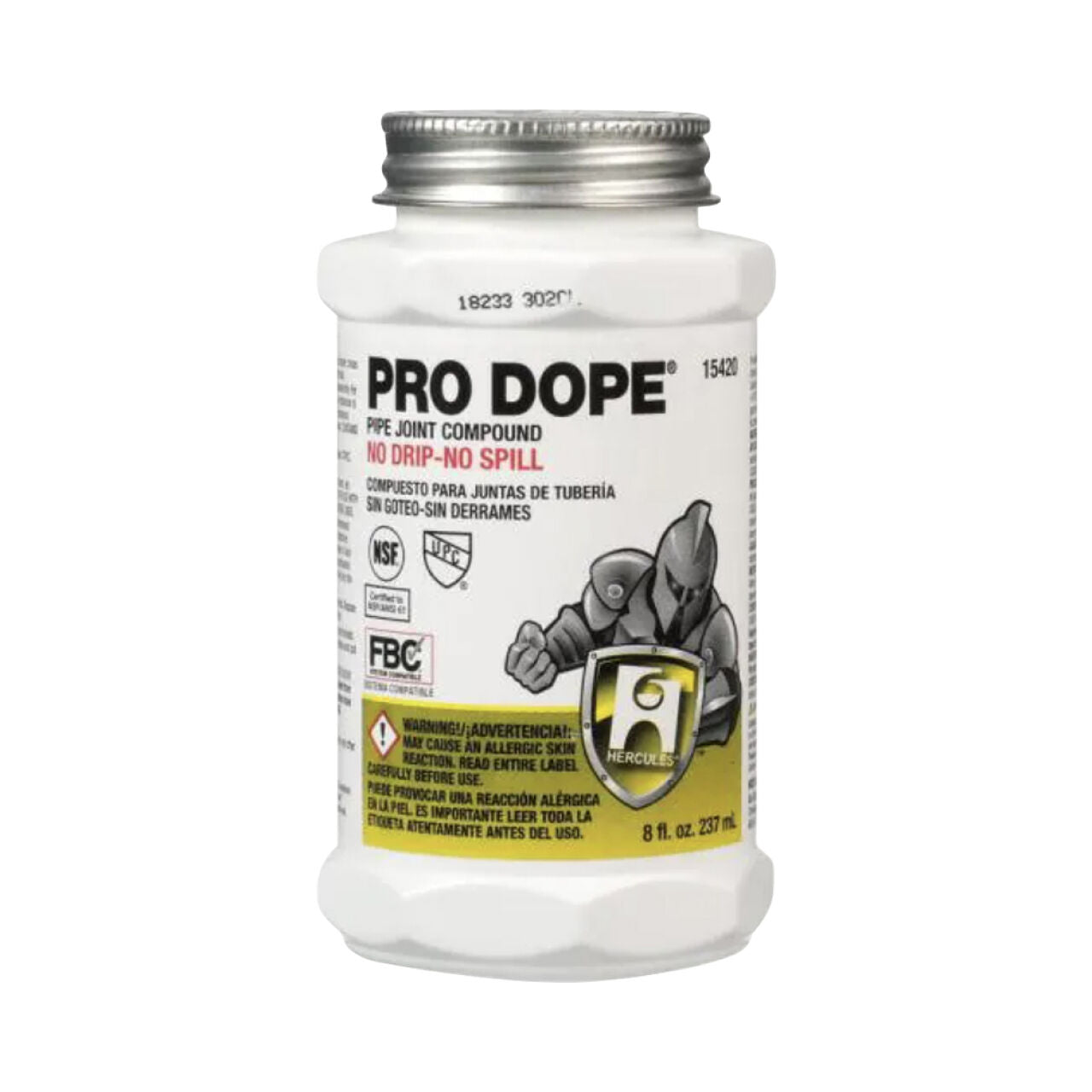 A white 8 oz. bottle of Go Build Pro Dope Pipe Joint Compound with a metal lid, featuring a gray mascot and NO DRIP-NO SPILL text. Brand: Go Build, The Fastest Way To Build.